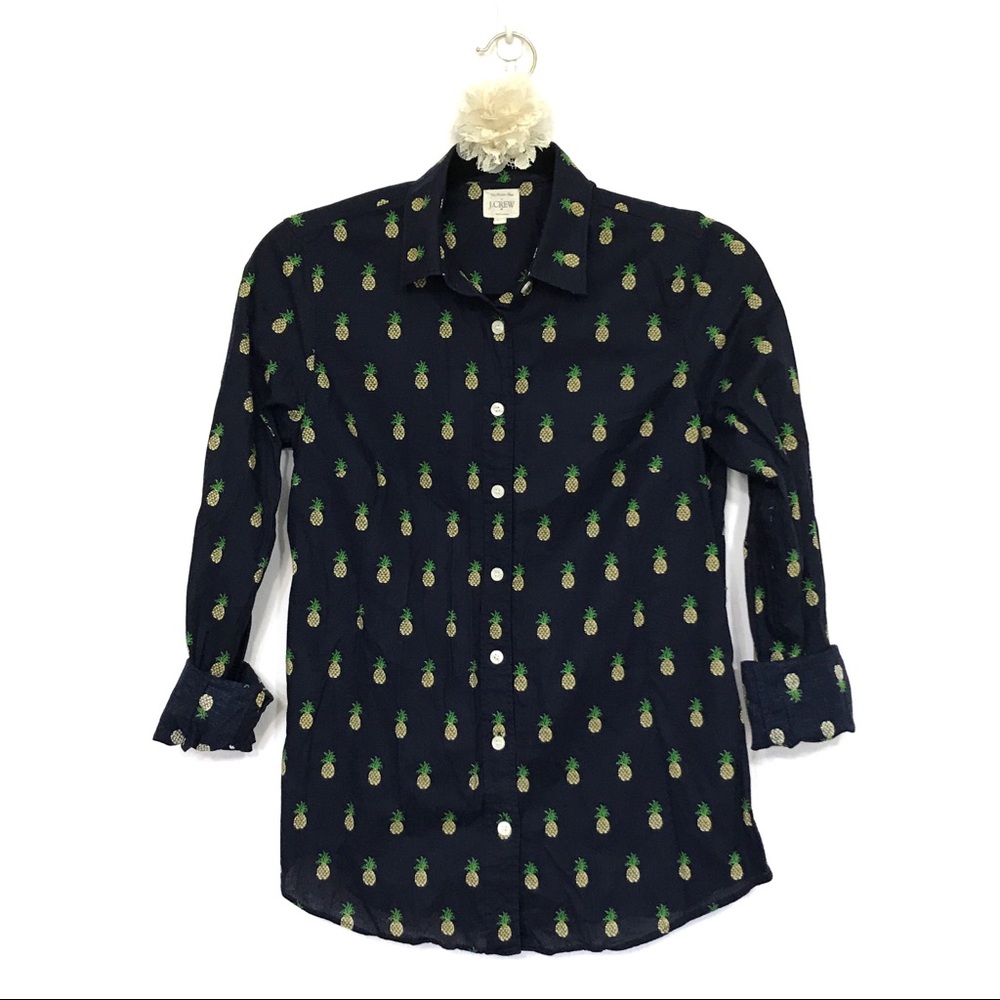 J. Crew-Navy Button Down Shirt w/pineapples-EUC-Sz XS